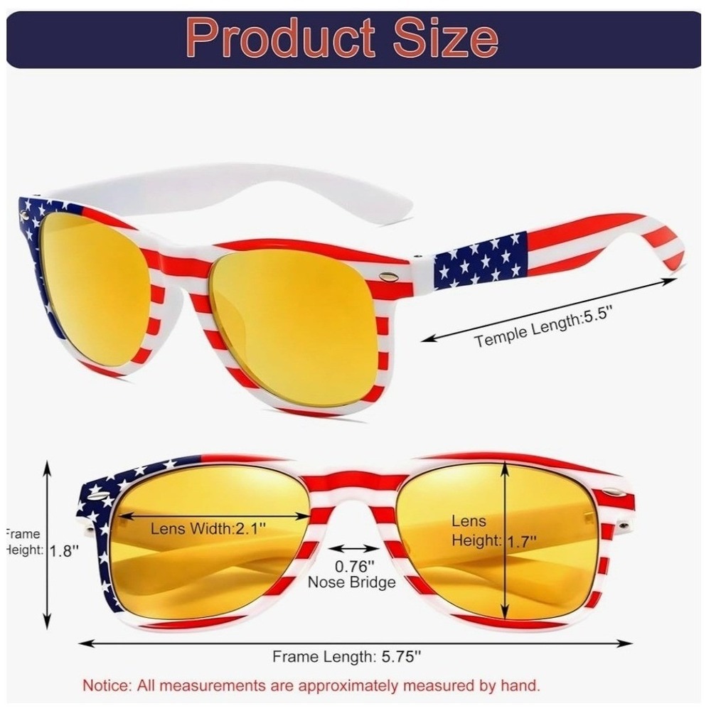 American Flag Wayfarer Sunglasses Patriotic Stars Stripes Yellow Mirrored Lens